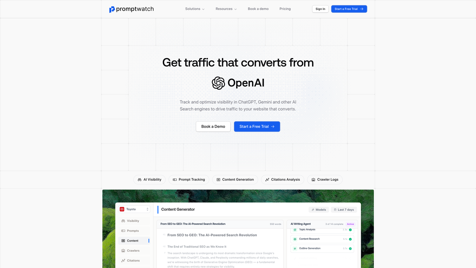 Screenshot of Promptwatch website homepage