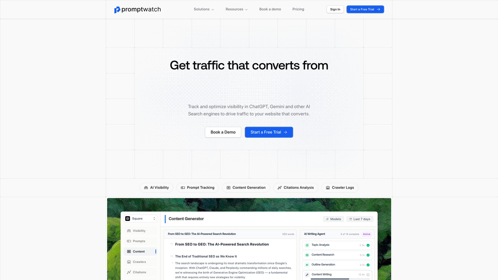 Screenshot of Promptwatch website homepage