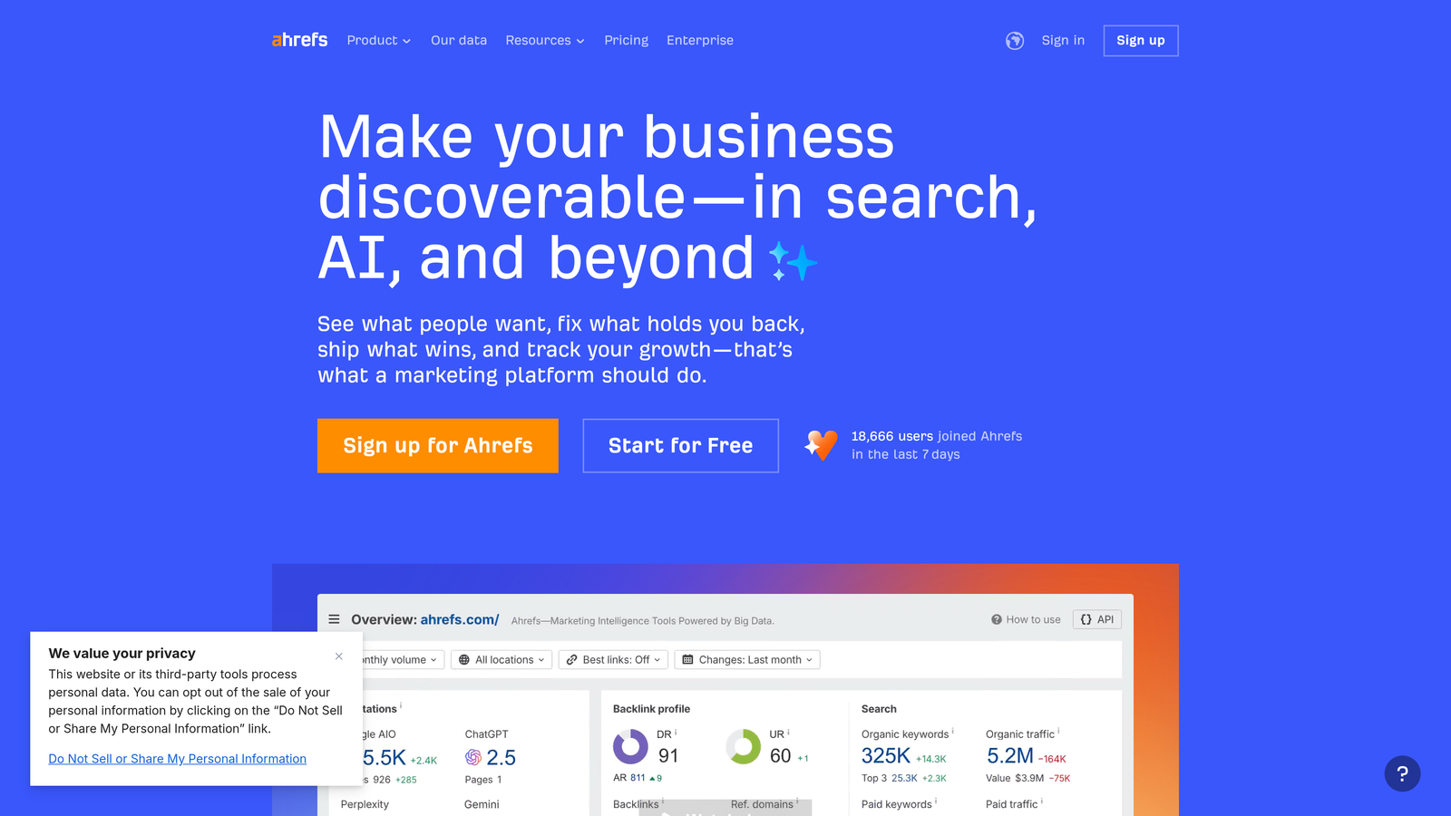 Screenshot of Ahrefs website homepage