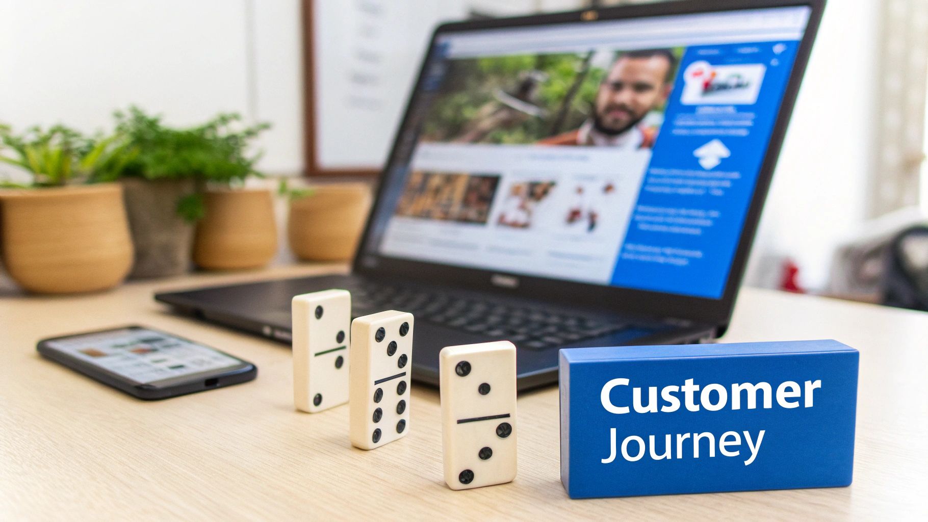 Dominoes leading to a 'Customer Journey' block on a desk with a laptop and smartphone, symbolizing a sequential process.