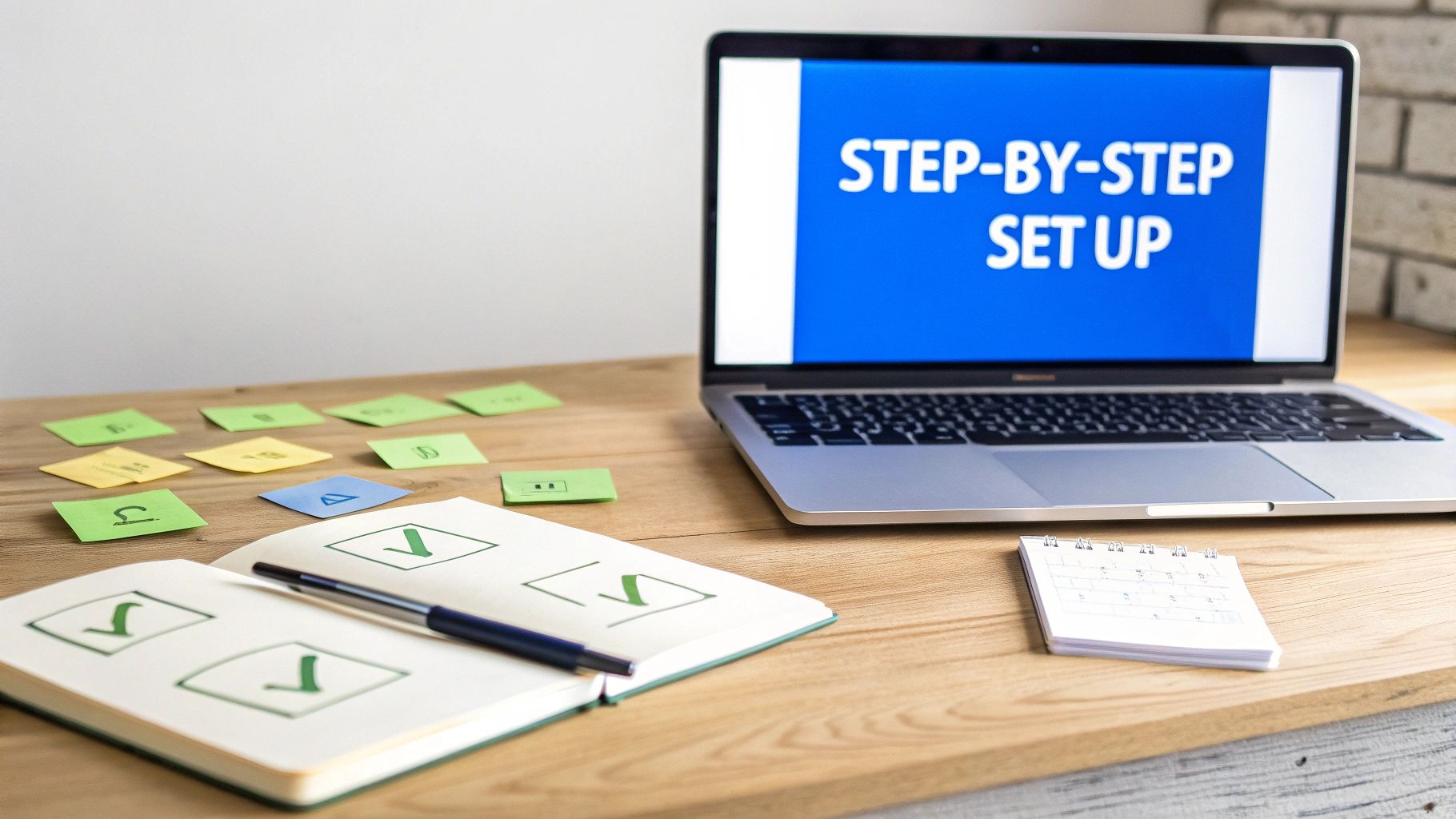 Desk setup with a laptop showing 'STEP-BY-STEP SET UP', notebook with checkmarks, pen, and sticky notes.