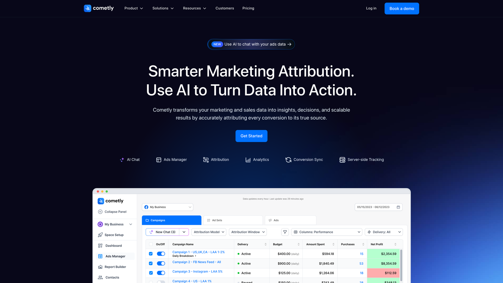 Screenshot of Cometly website homepage
