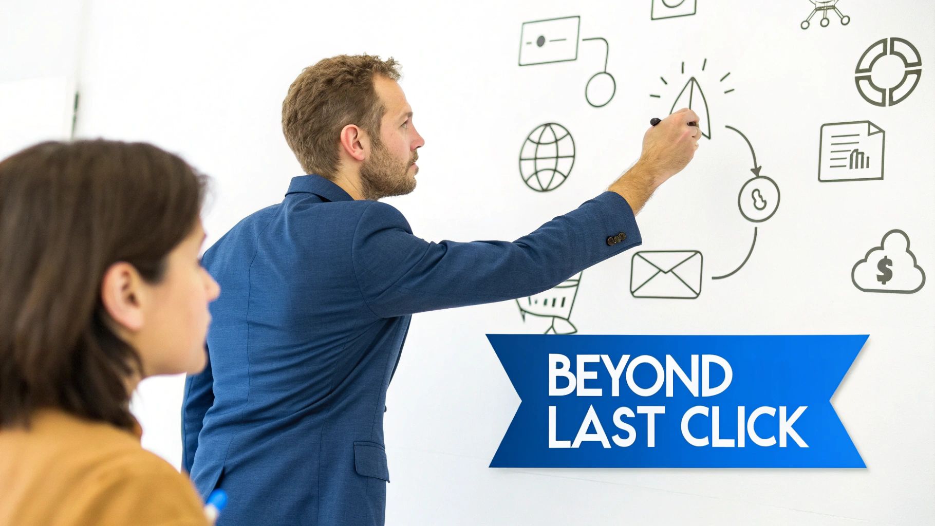 A man draws a rocket on a whiteboard with business icons, observed by a woman. Text: 'BEYOND LAST CLICK'.