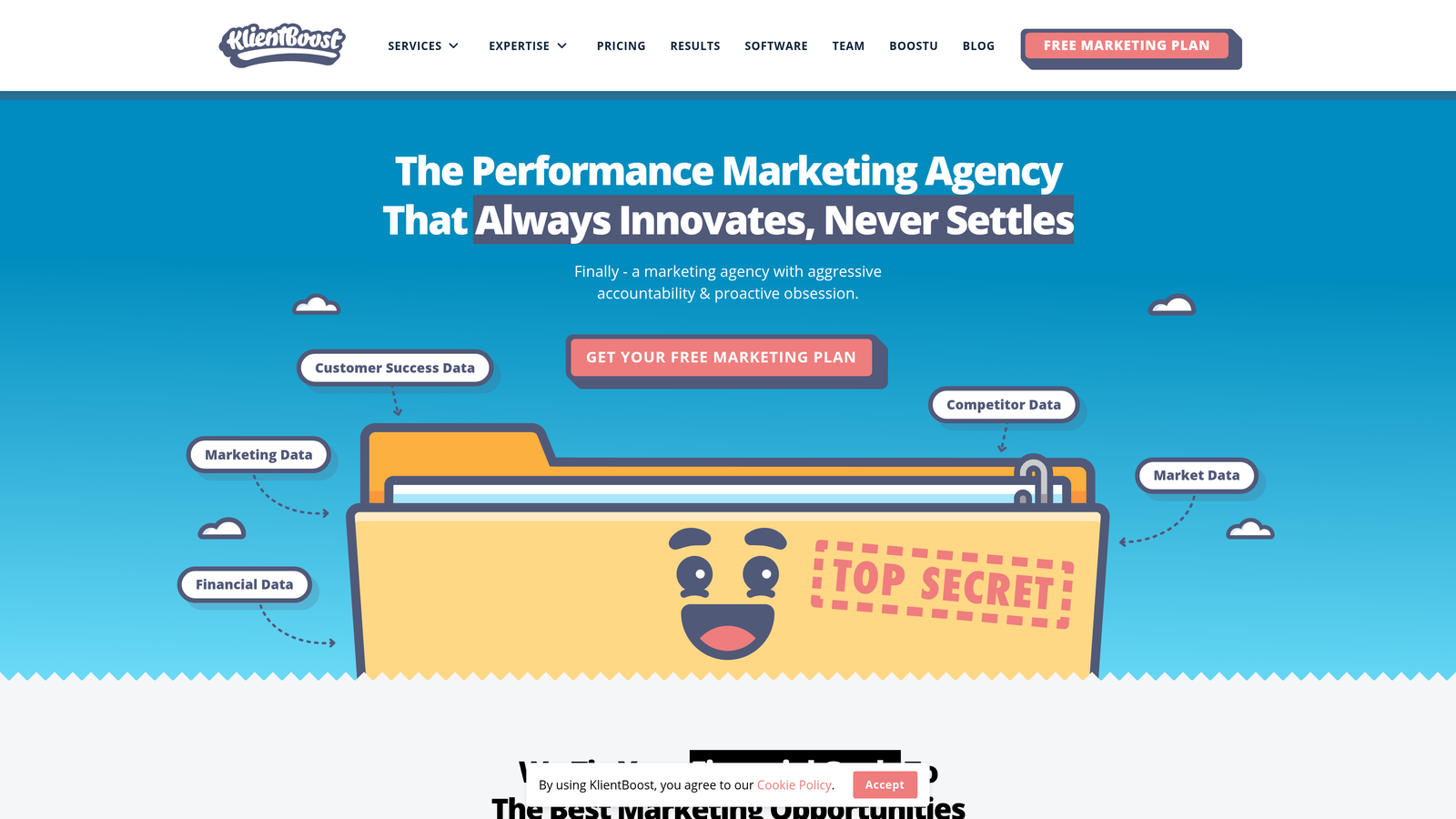 Screenshot of KlientBoost website homepage