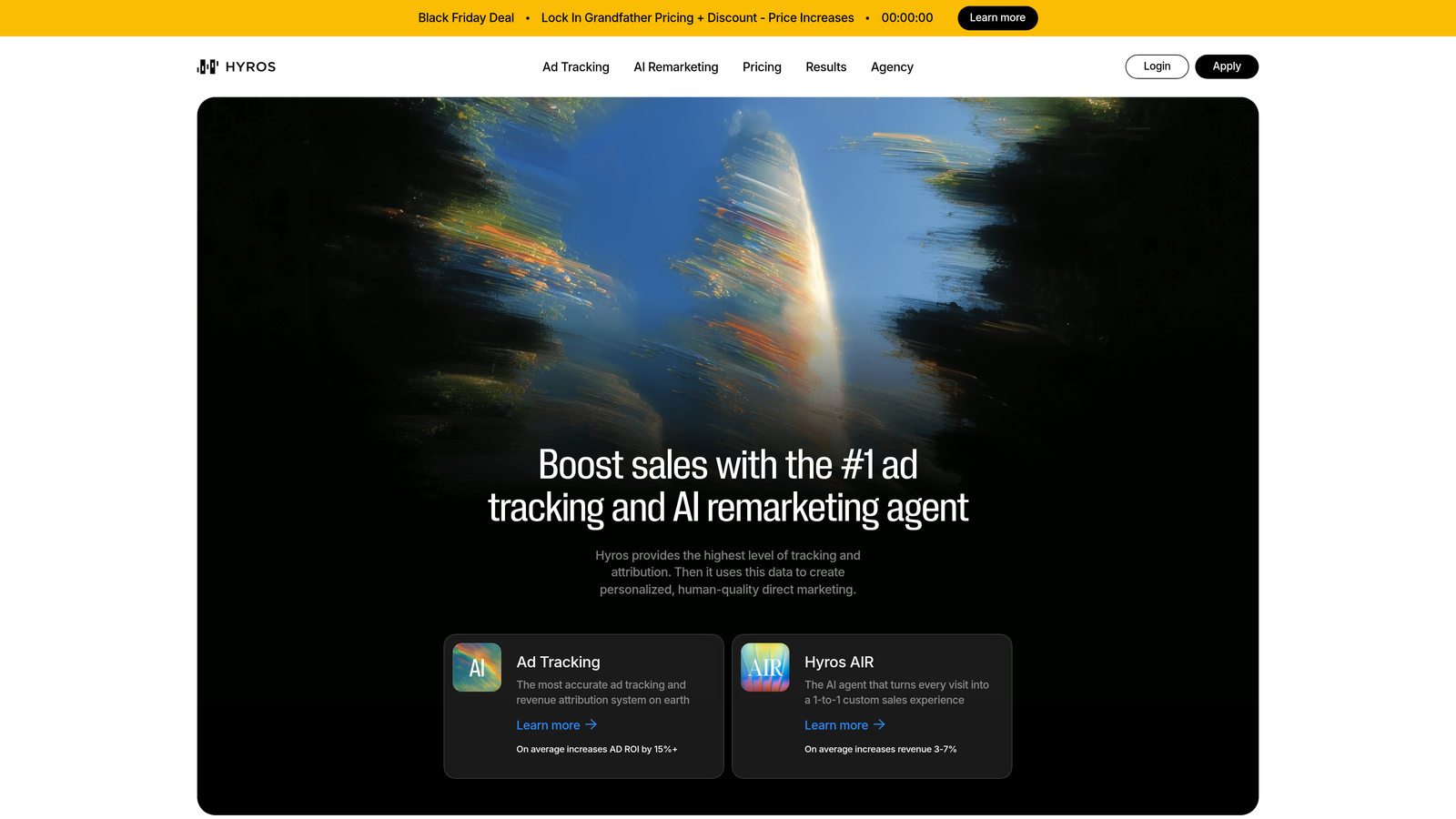 Screenshot of Hyros website homepage