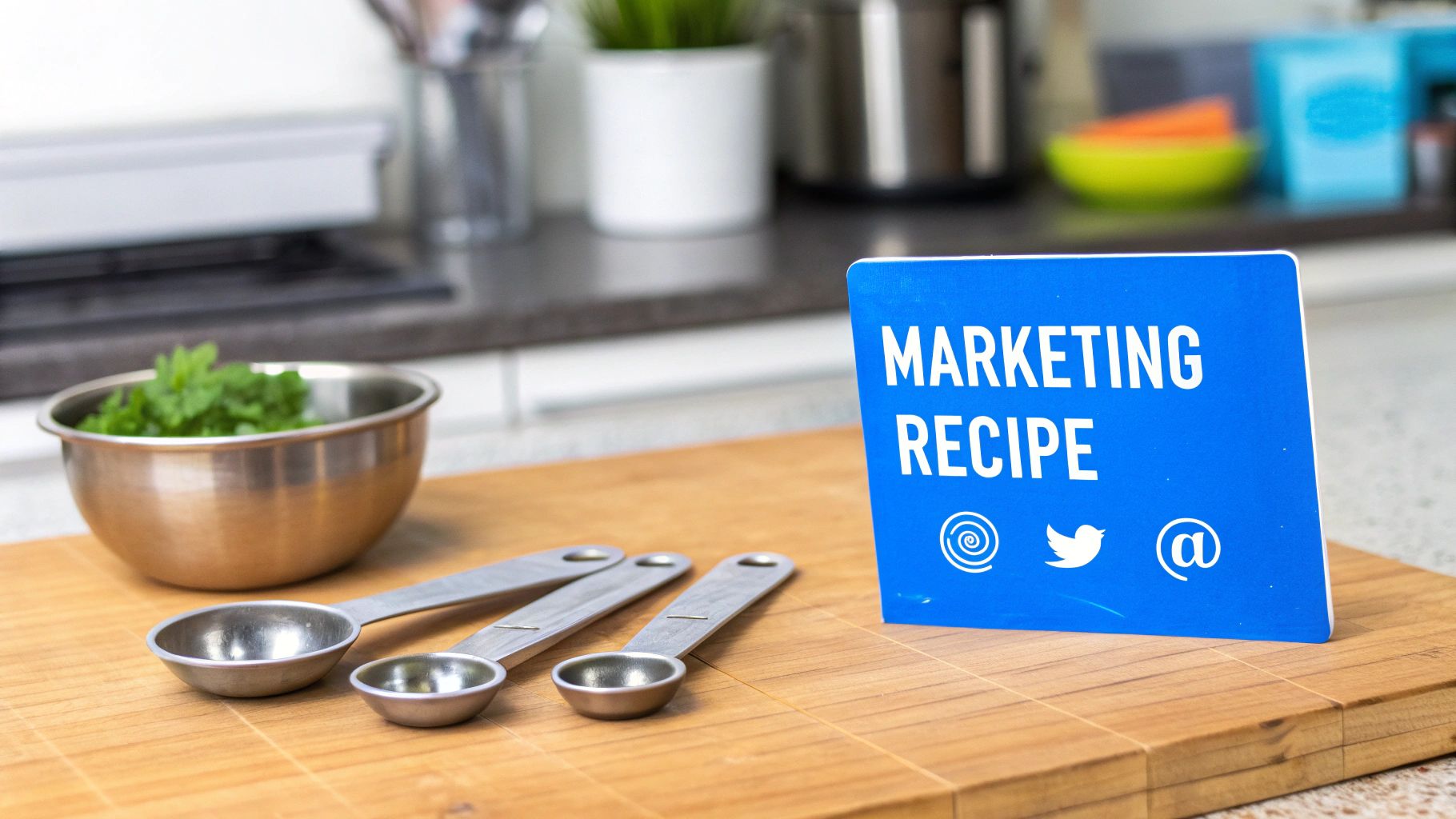 Kitchen counter with a 'Marketing Recipe' sign, measuring spoons, and fresh herbs on a wooden board.