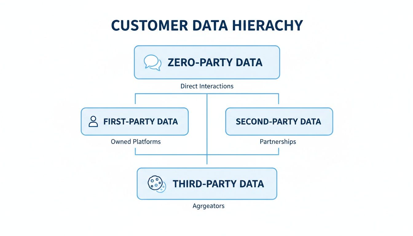 Diagram illustrating the customer data hierarchy from zero-party to third-party data and their sources.