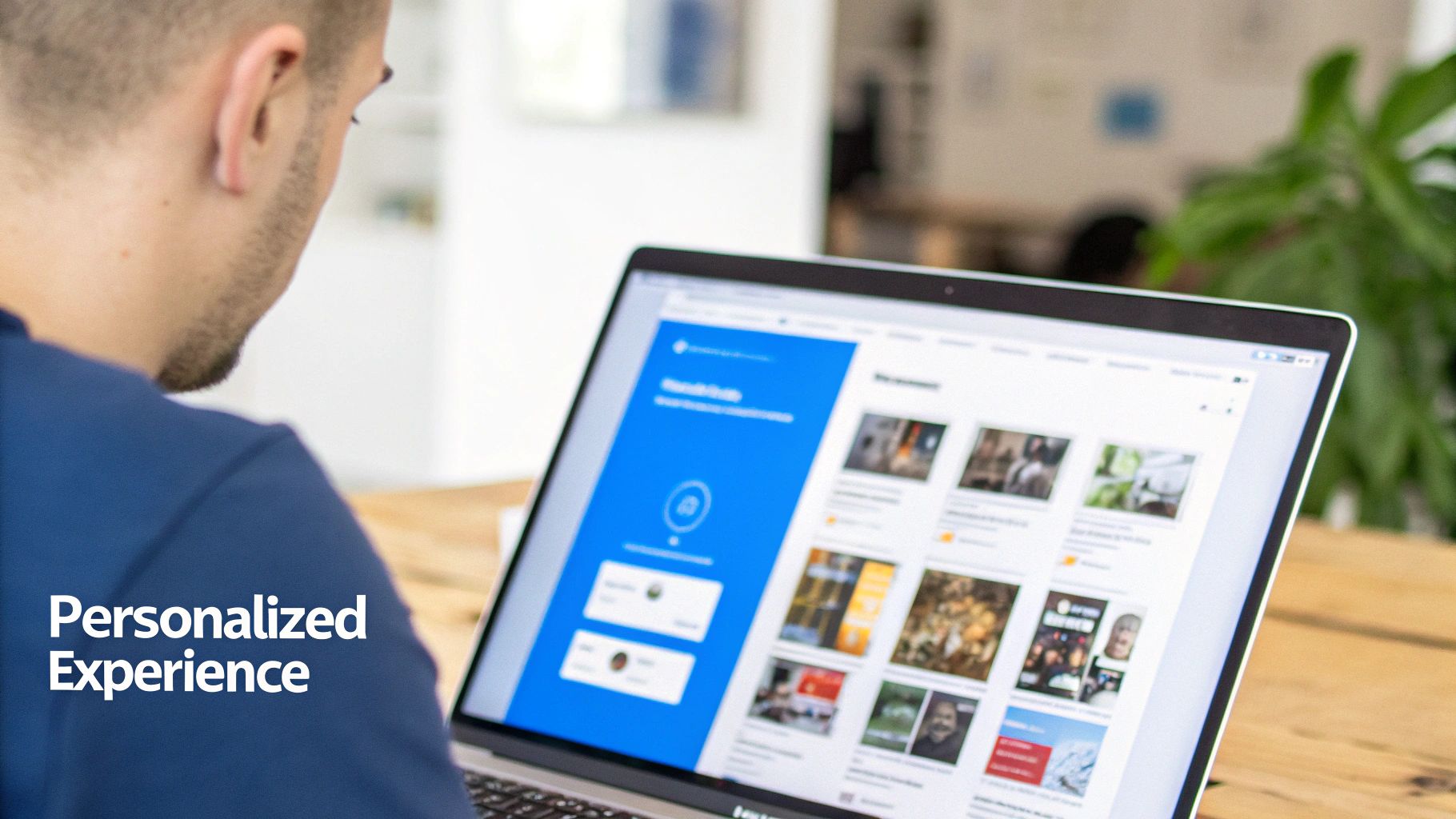 A person views a laptop screen displaying a personalized digital experience with content recommendations.
