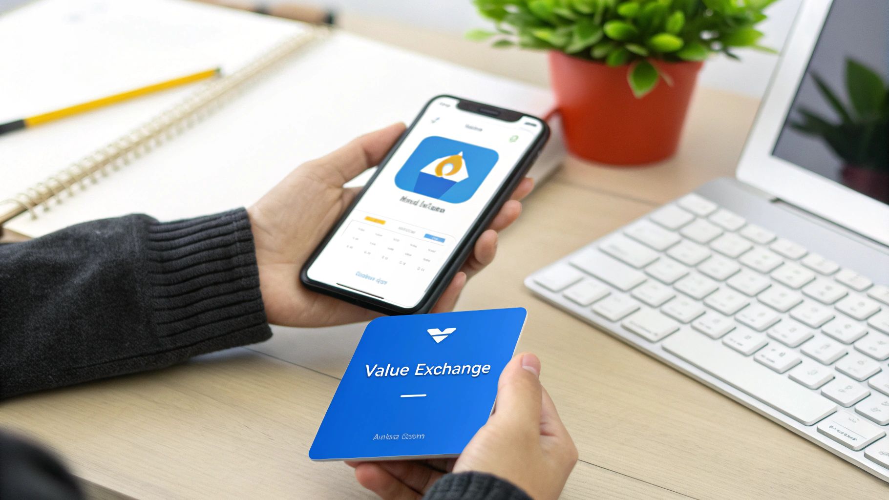 Hands holding a smartphone displaying a finance app and a blue 'Value Exchange' card on a wooden desk.