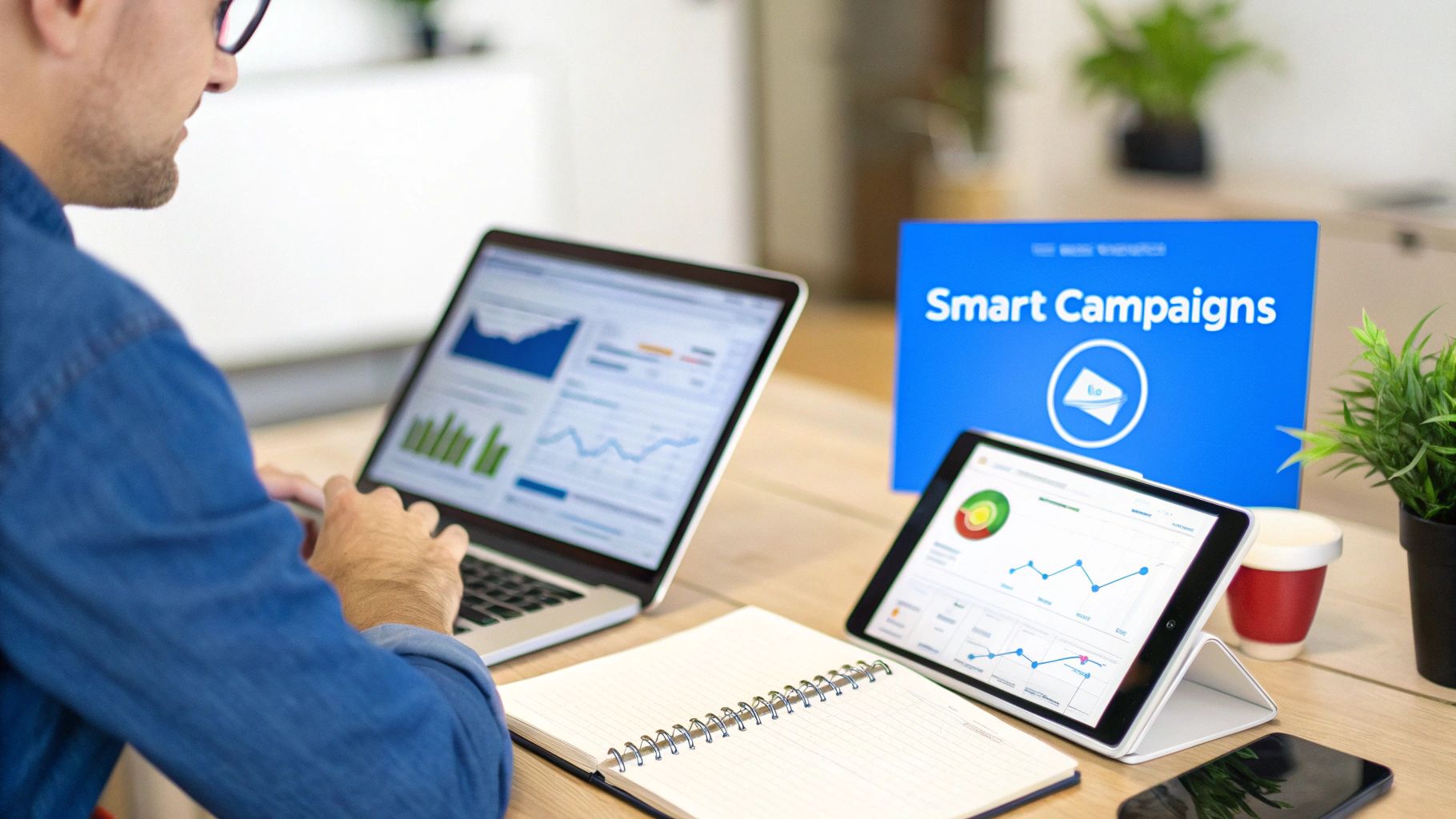 A man analyzes campaign data on a laptop and tablet, next to a 'Smart Campaigns' sign.
