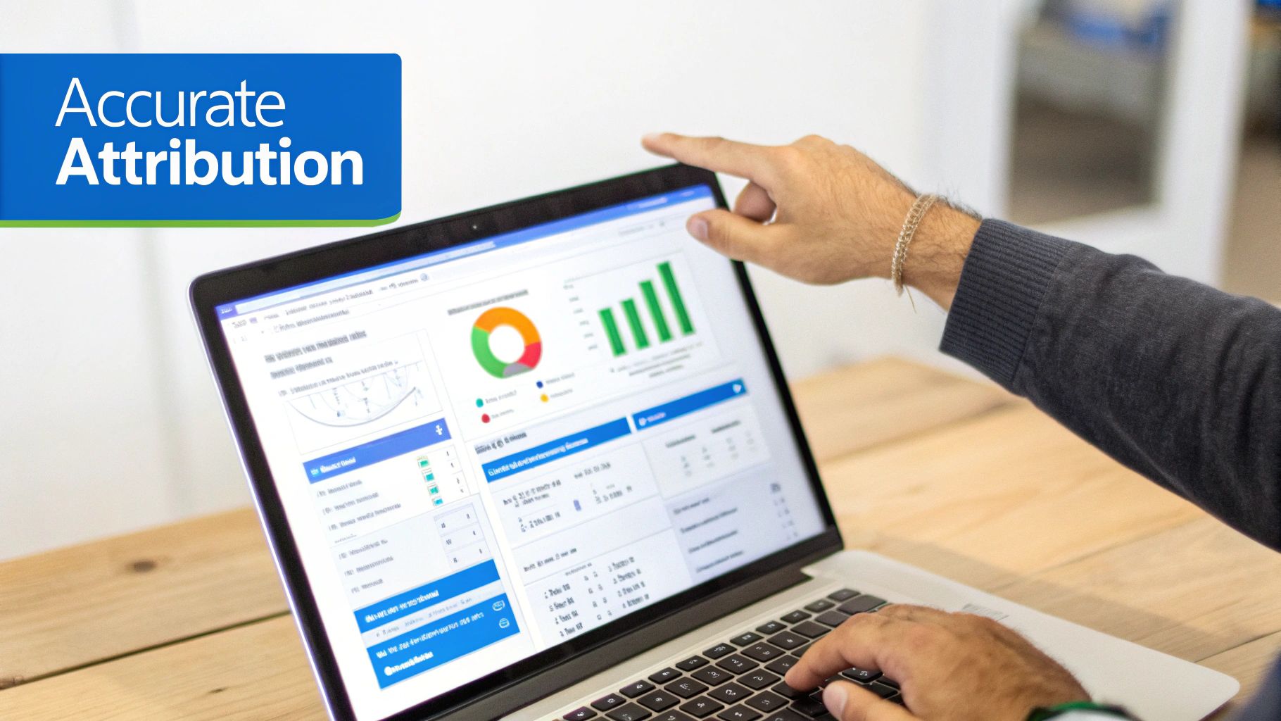 A person's hand pointing at a laptop displaying data charts for accurate attribution.