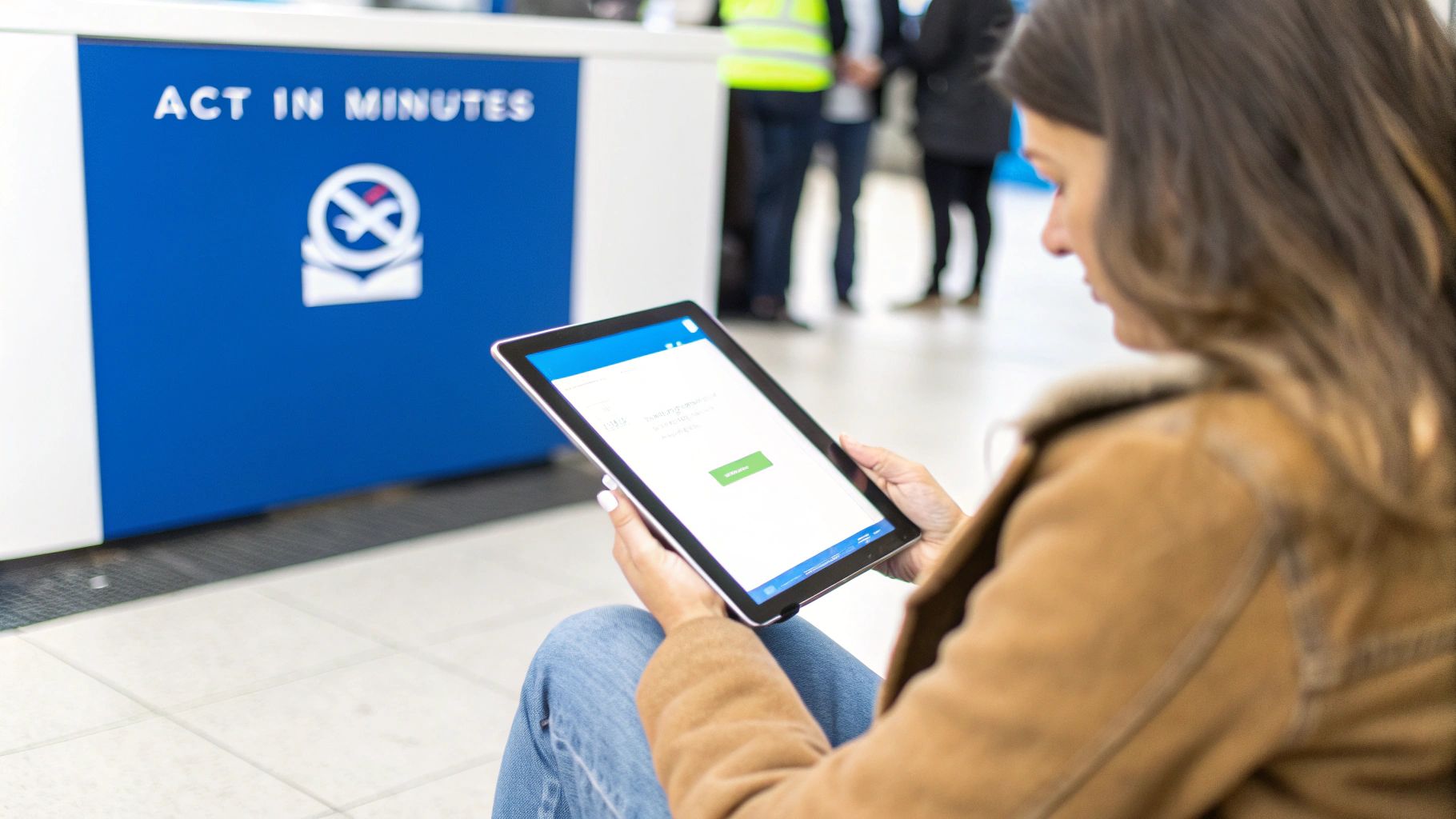 A woman in a brown jacket sitting and interacting with a tablet, a blue sign with 'ACT IN MINUTES' visible behind her.