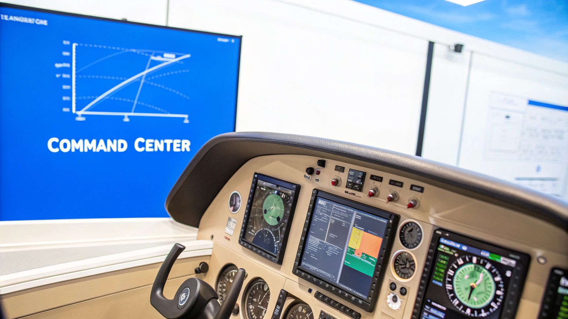 Aircraft cockpit with digital displays and analog gauges, facing a large blue screen displaying 'COMMAND CENTER'.