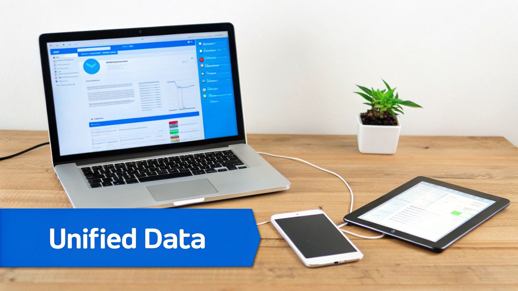 Laptop displaying web analytics dashboards, connected to a smartphone and tablet on a wooden desk.
