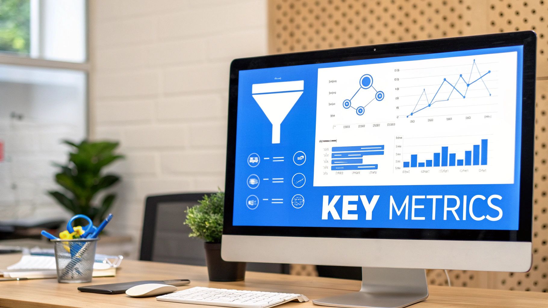 A computer monitor displays 'KEY METRICS' with web analytics charts, graphs, and a sales funnel icon.