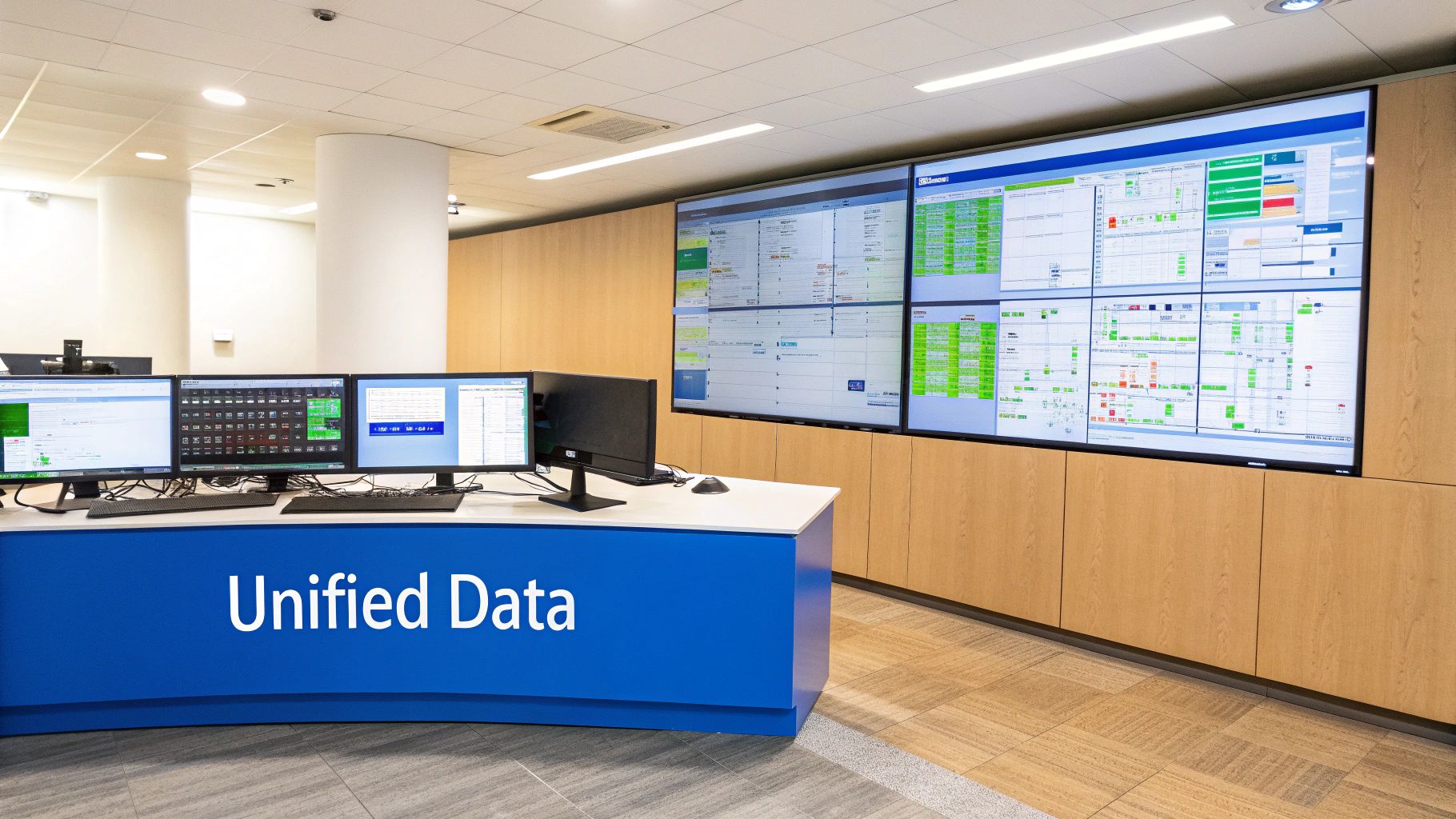 Modern data control room with a 'Unified Data' desk, multiple monitors, and a large display wall.
