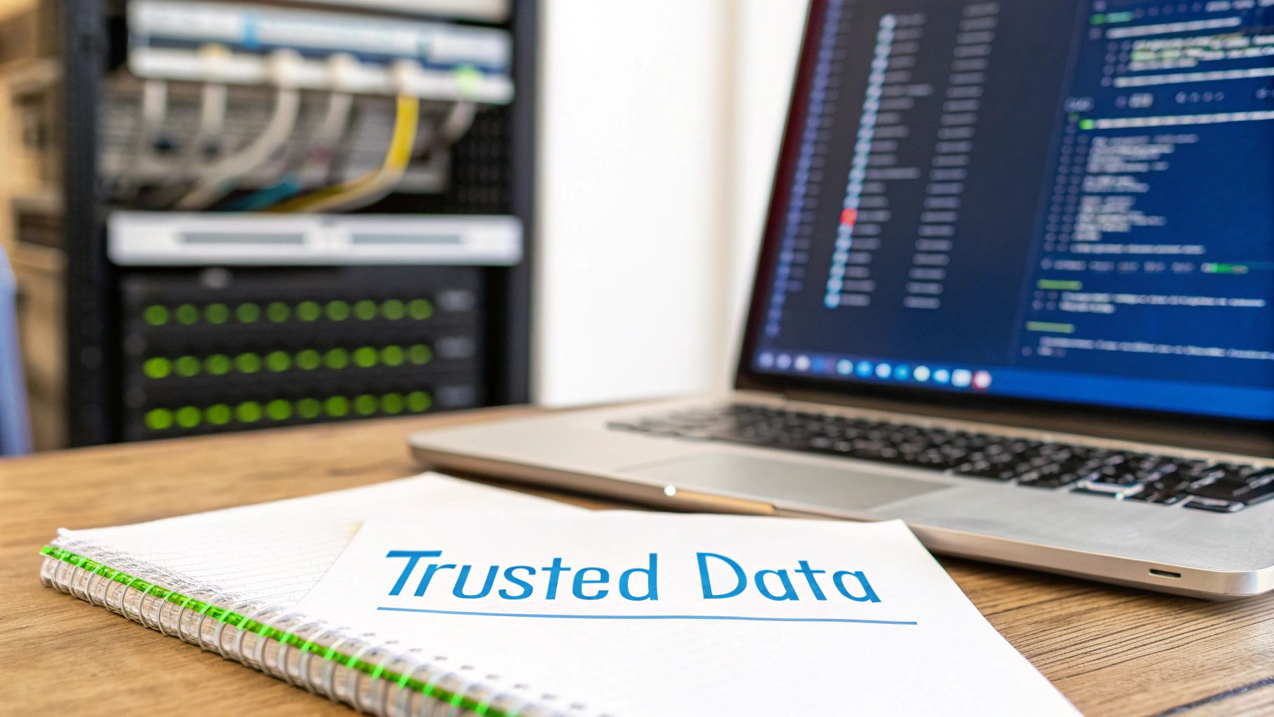 Laptop displaying code, a 'Trusted Data' notebook, and a server rack in a data center.