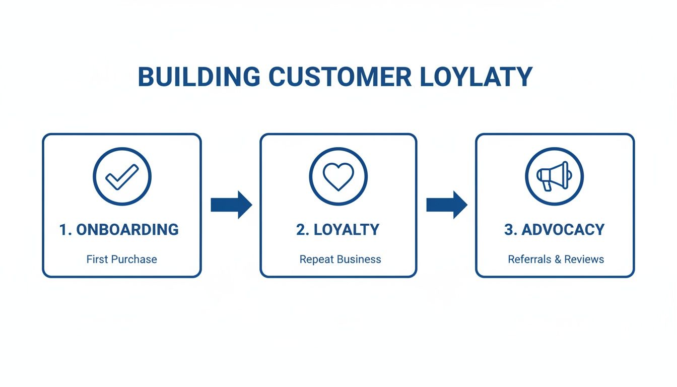Diagram showing customer loyalty journey: Onboarding (first purchase), Loyalty (repeat business), and Advocacy (referrals, reviews).
