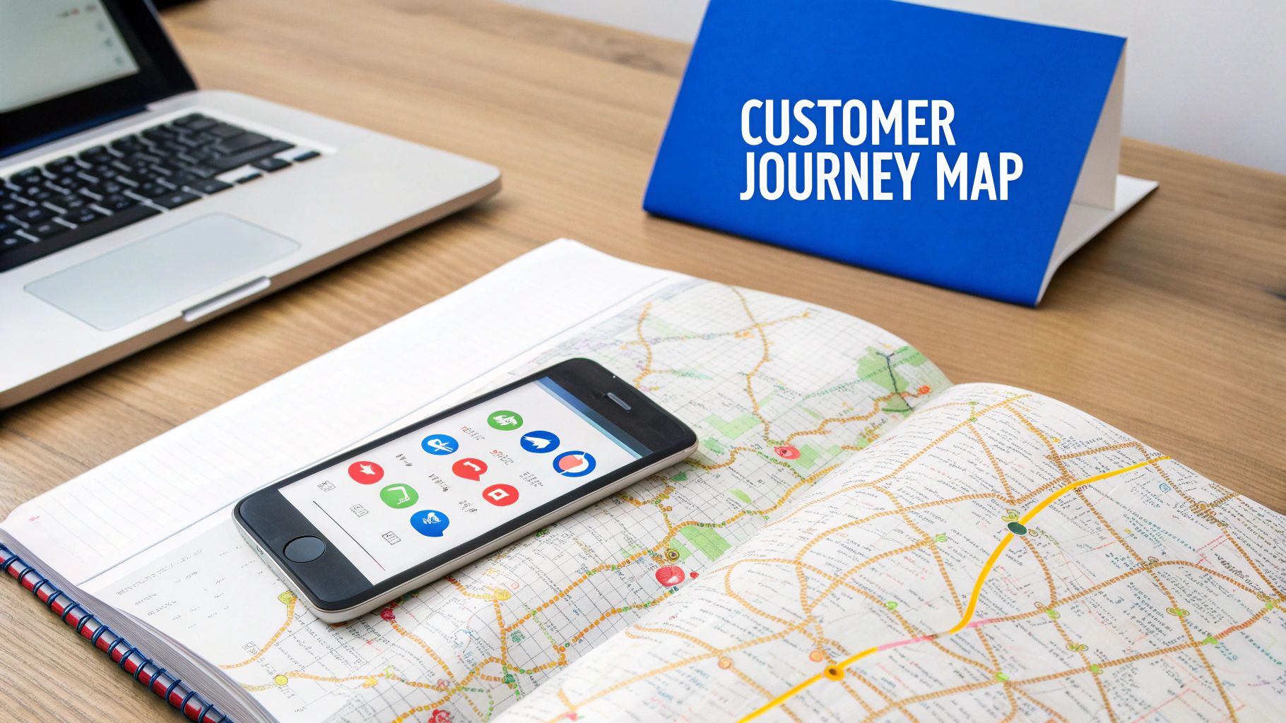 A desk with a laptop, smartphone on an open map, and a blue 'CUSTOMER JOURNEY MAP' sign.