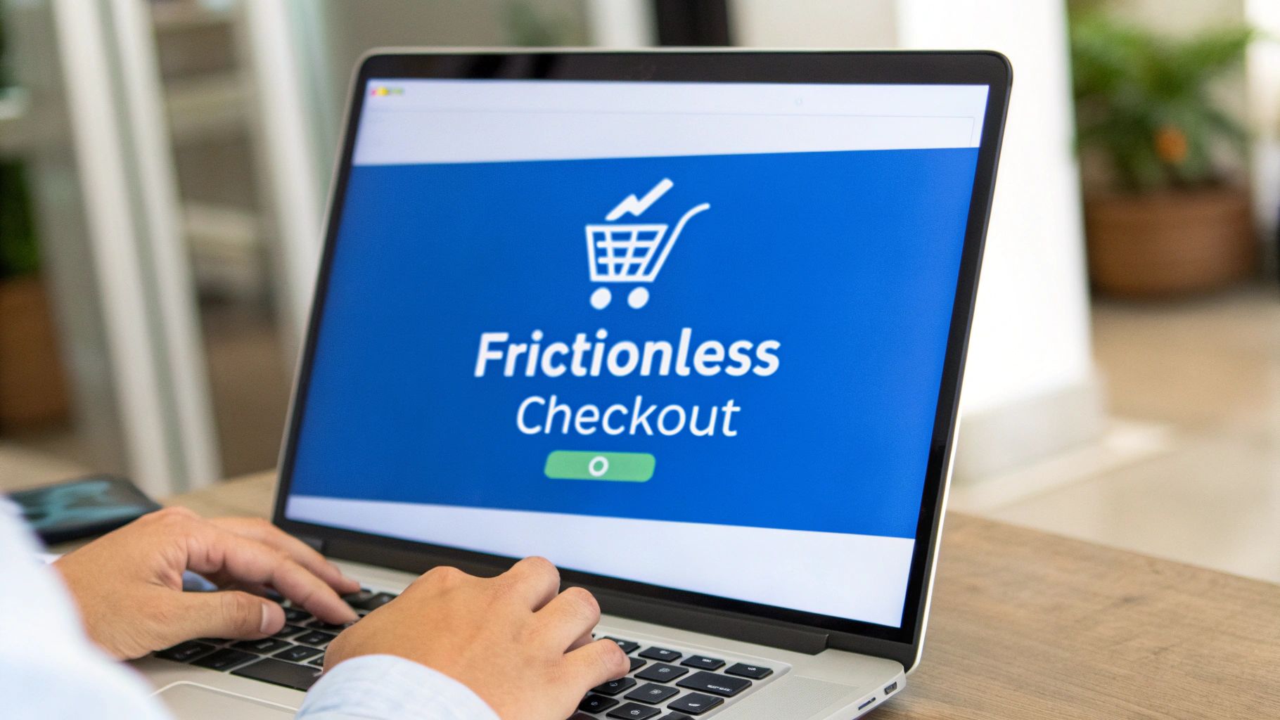 A person types on a laptop screen displaying 'Frictionless Checkout' with a shopping cart icon.