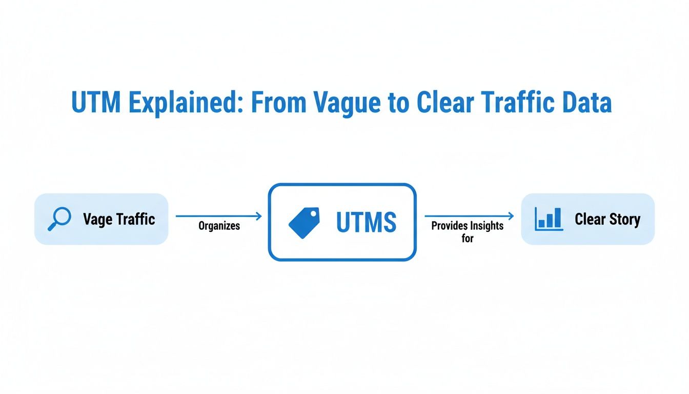 Diagram illustrating how UTMs organize vague traffic data to provide clear insights for a clear story.