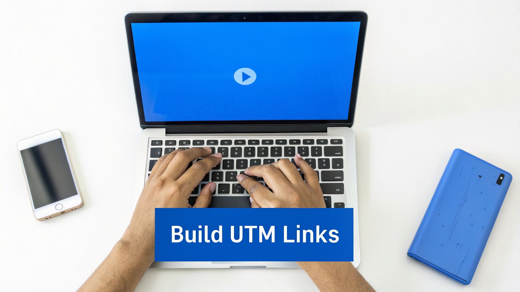Hands typing on a laptop displaying a video, with a banner saying 'Build UTM Links', beside a phone and tablet.
