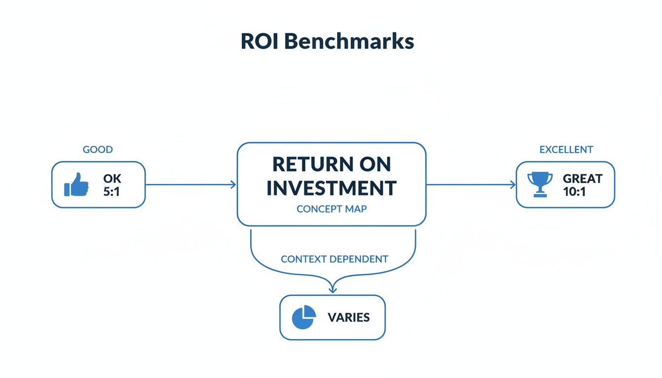 A concept map illustrating ROI benchmarks: Good is 5:1, Excellent is 10:1, varying by context.