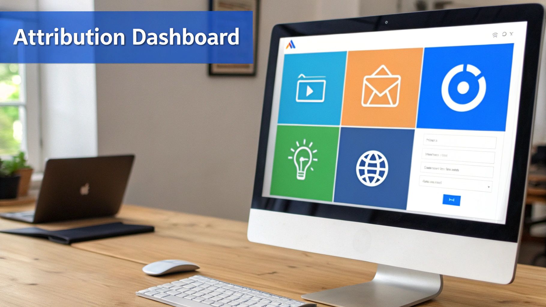 A computer screen displays an 'Attribution Dashboard' with colorful icons and input forms on a wooden desk.