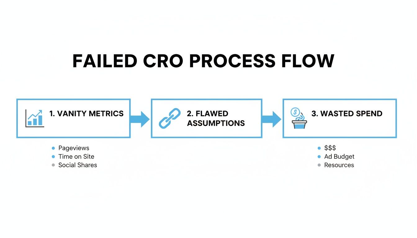 Flowchart illustrating a failed CRO process from vanity metrics and flawed assumptions to wasted spend.