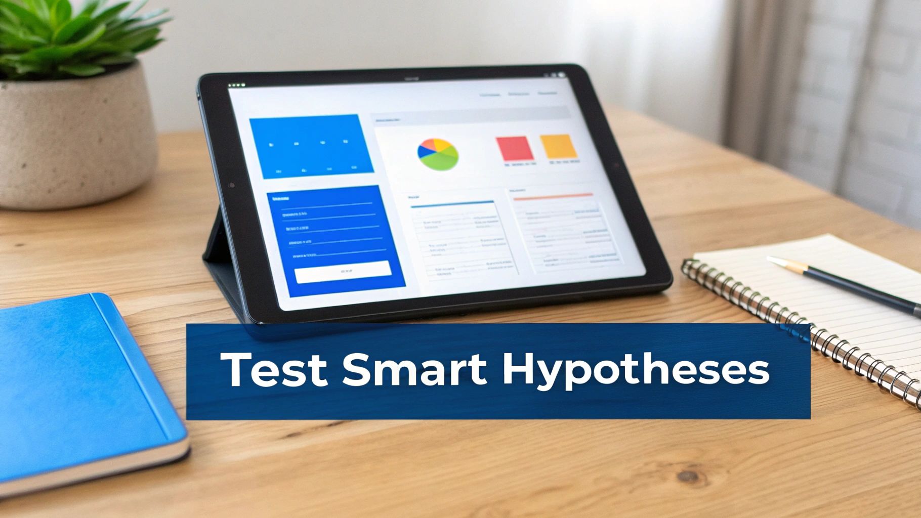 A tablet displaying business data and charts on a wooden desk with notebooks and a plant, with a text overlay 'Test Smart Hypotheses'.
