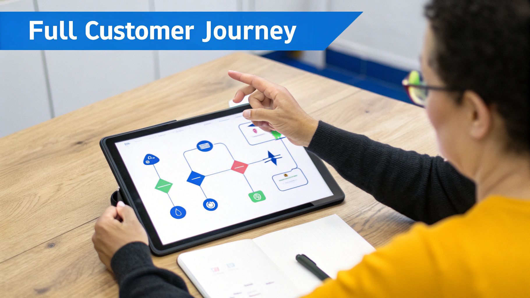 Person interacting with a digital customer journey map on a tablet, with a notebook on a wooden table.