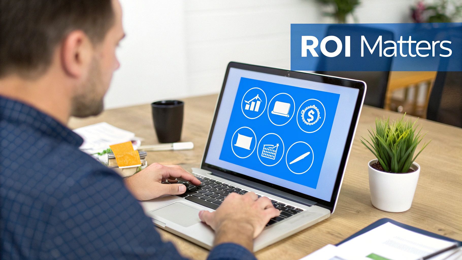 Man typing on a laptop displaying business icons and a 'ROI Matters' banner.