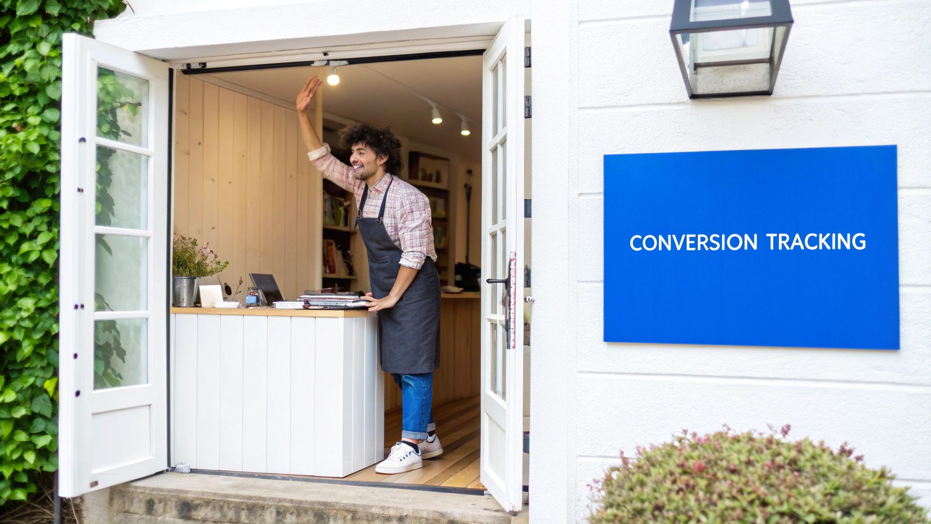 A smiling man waves from his small business entrance, next to a prominent "Conversion Tracking" sign.