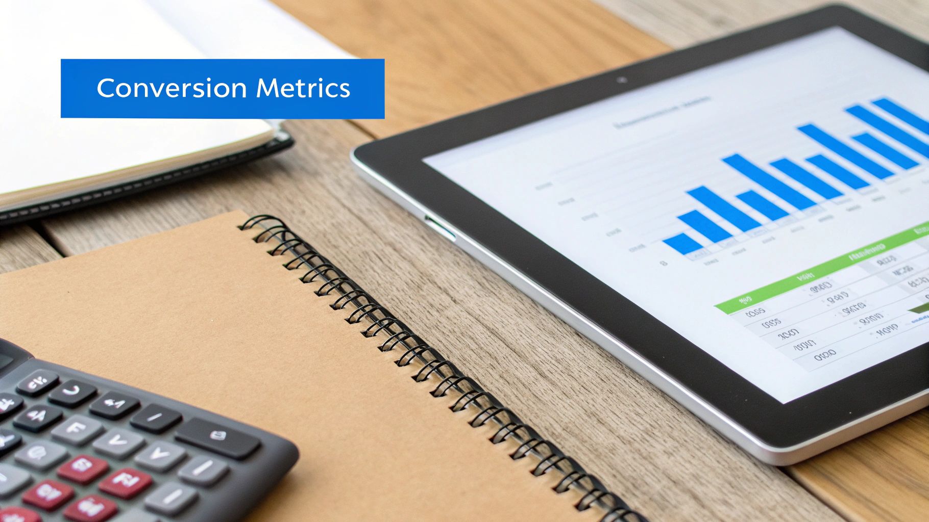 A desk with a tablet displaying conversion metrics, a calculator, and notebooks for business analysis.
