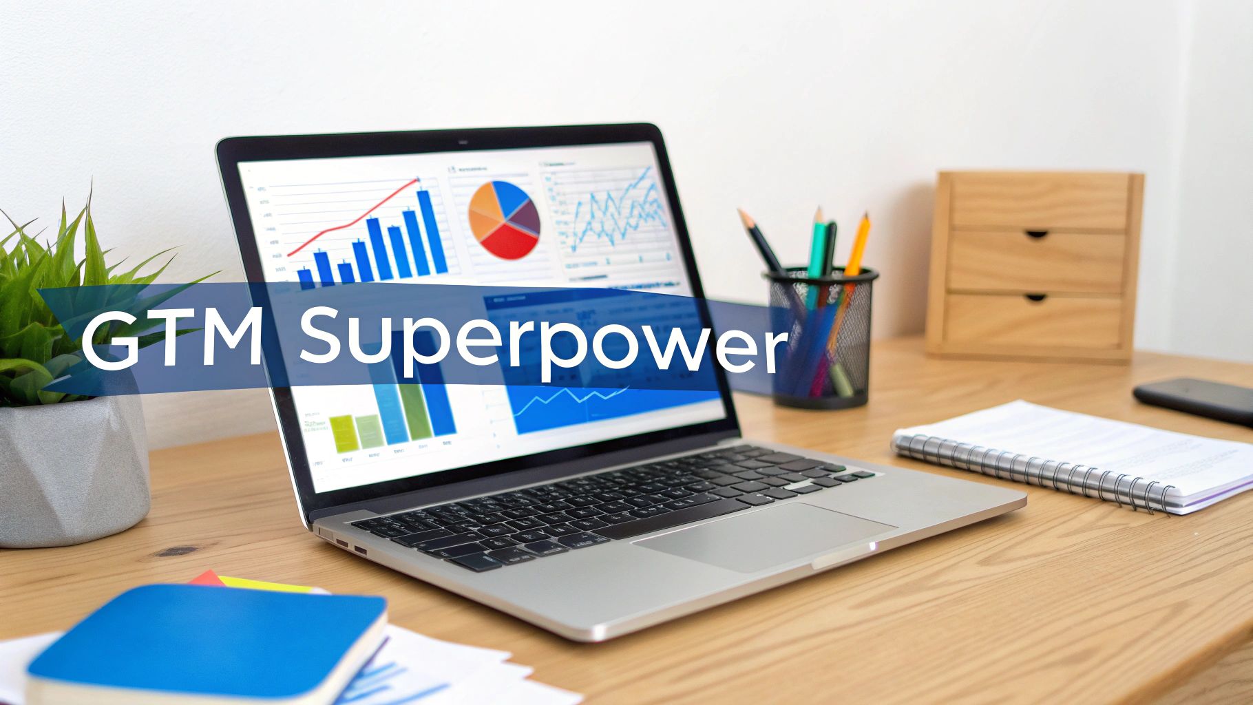 Laptop on a desk displaying charts and 'GTM Superpower' text, surrounded by office supplies.