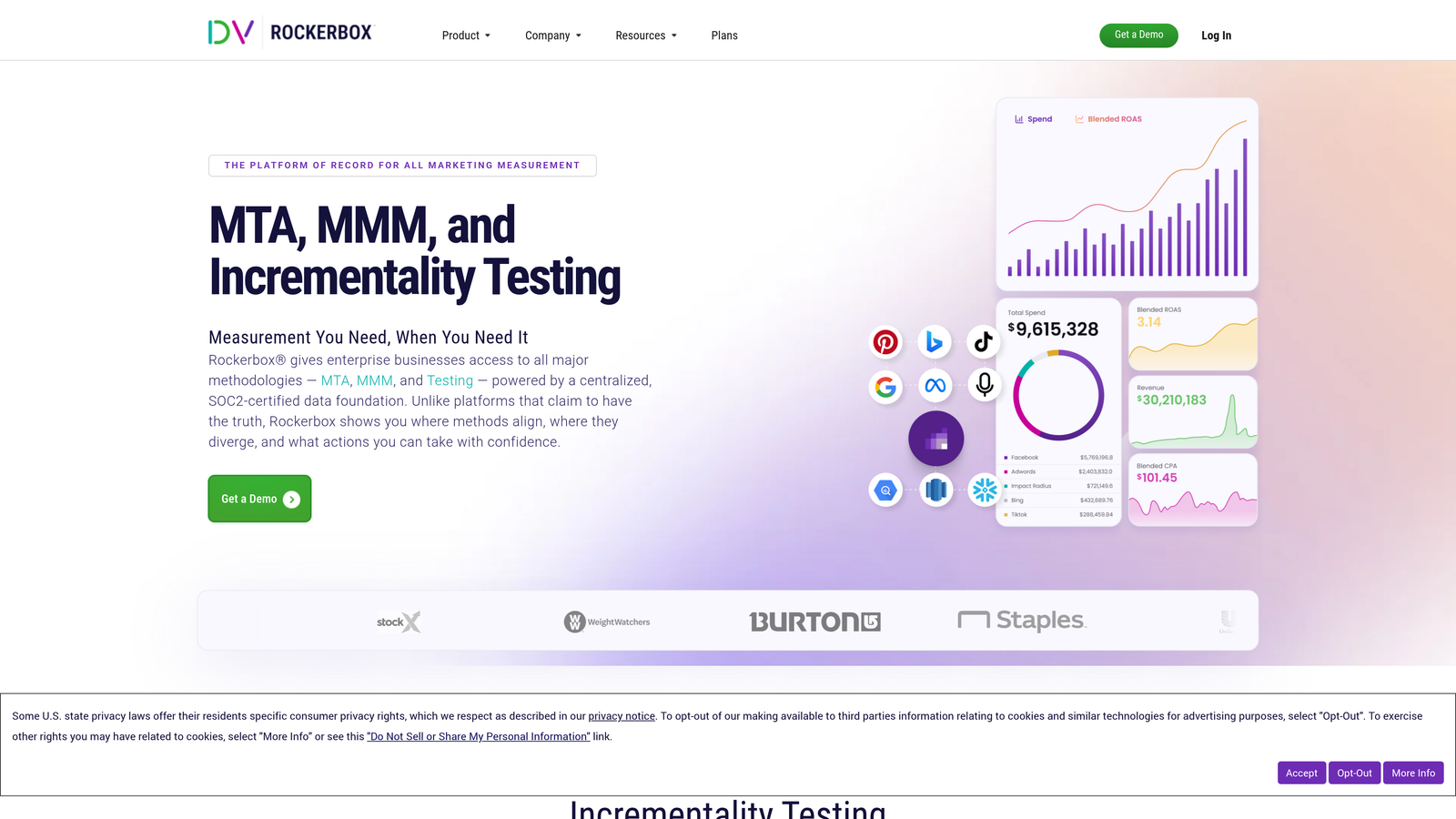 Screenshot of Rockerbox website homepage