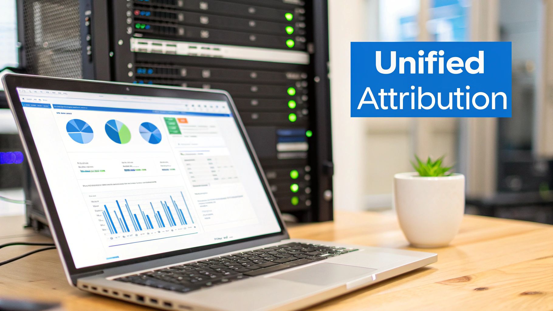 A laptop on a wooden desk displays data charts, with a server rack in the background and 'Unified Attribution' text overlay.
