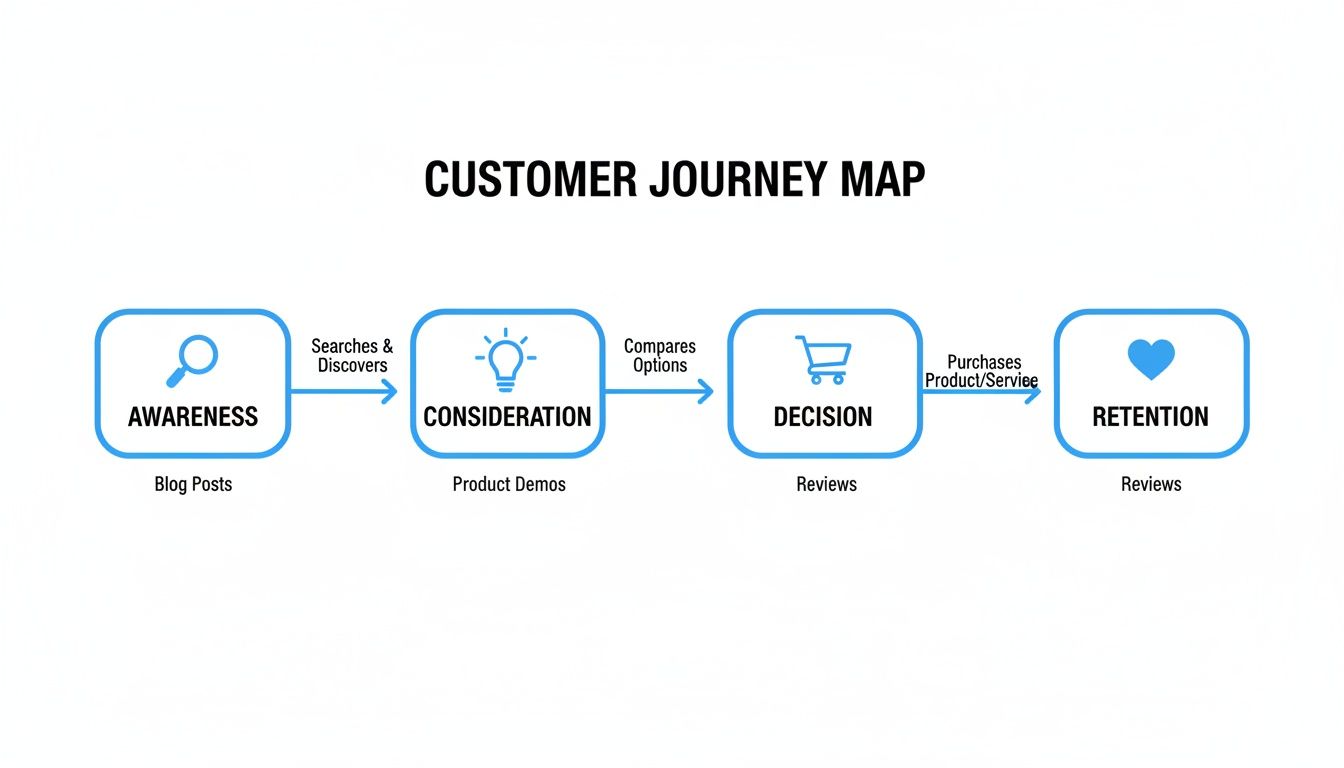 A customer journey map illustrating four key stages: awareness, consideration, decision, and retention, with associated actions.
