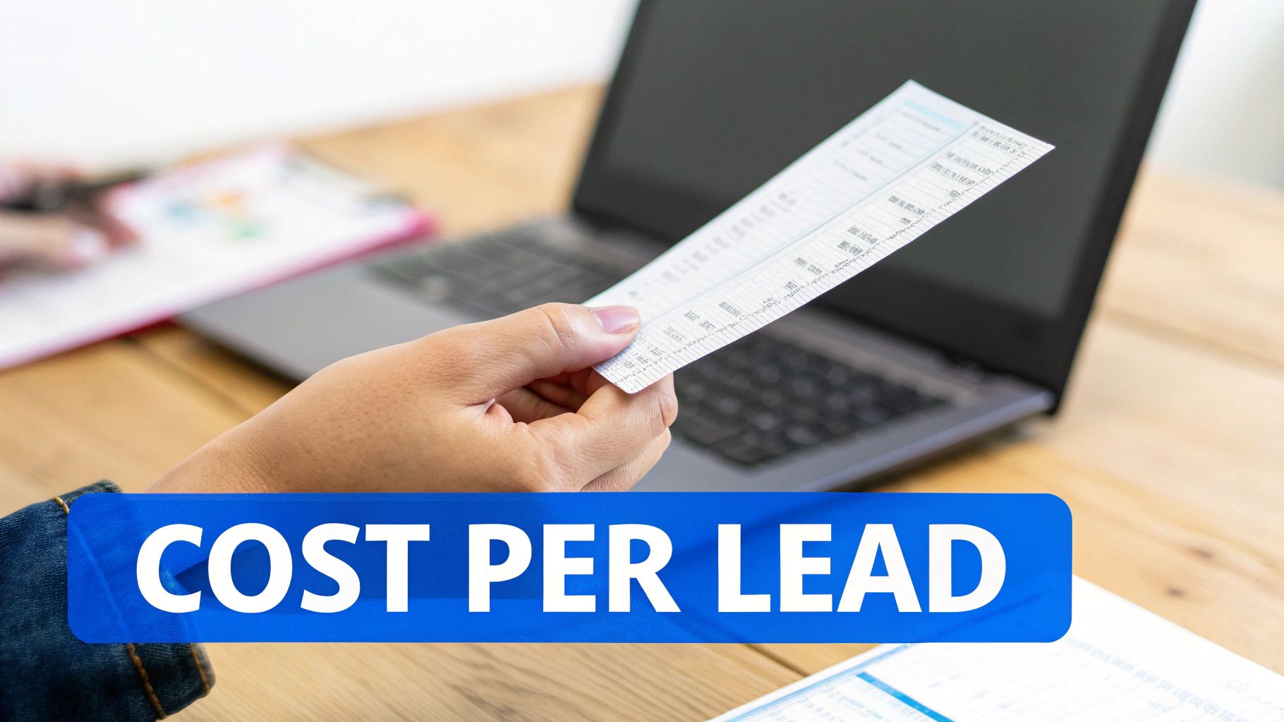 A person holds a long financial receipt or data sheet, reviewing costs near a laptop, illustrating "Cost Per Lead."