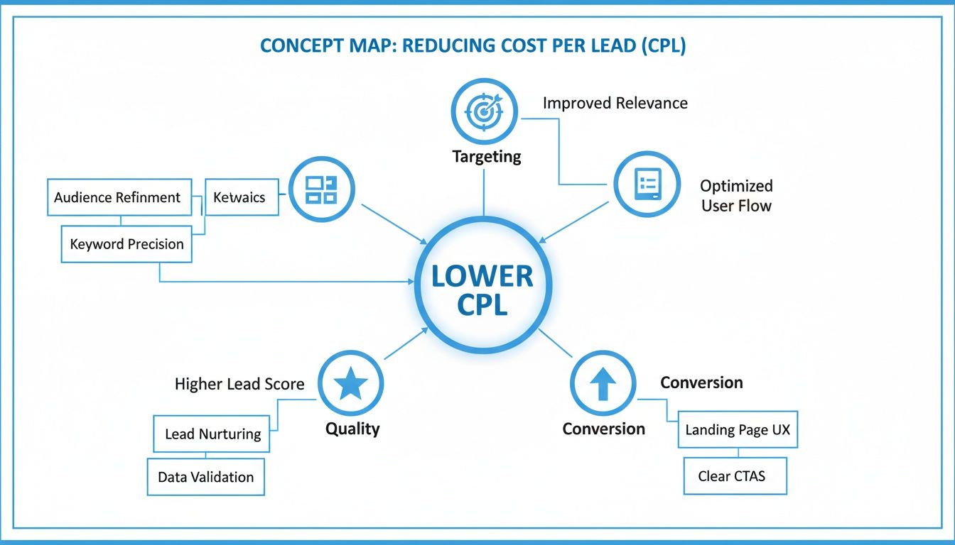 Concept map illustrating strategies for reducing cost per lead (CPL) through targeting, quality, and conversion.
