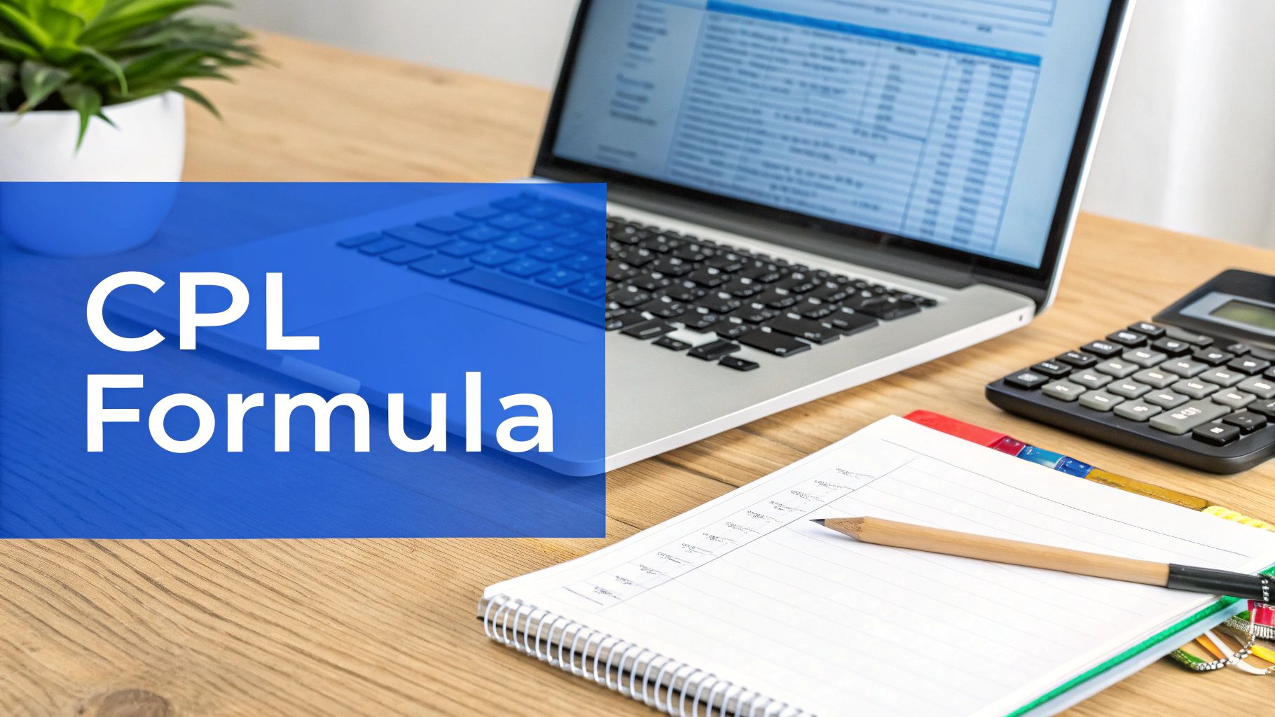 Close-up of a desk showing a laptop, calculator, notebook, and 'CPL Formula' text overlay.