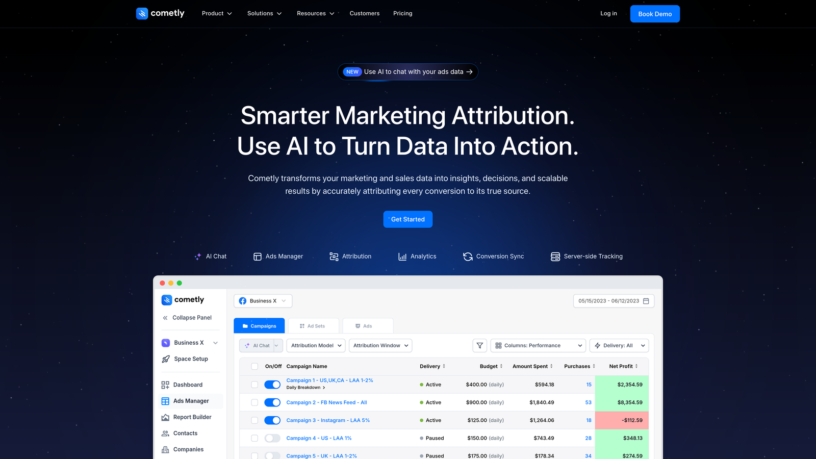 Screenshot of Cometly website homepage
