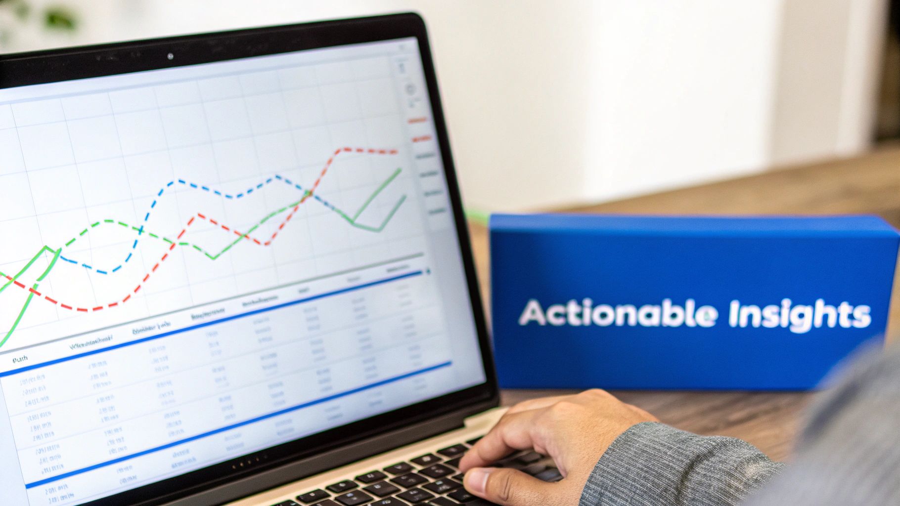 A person works on a laptop showing data charts and a blue box with 'Actionable Insights'.