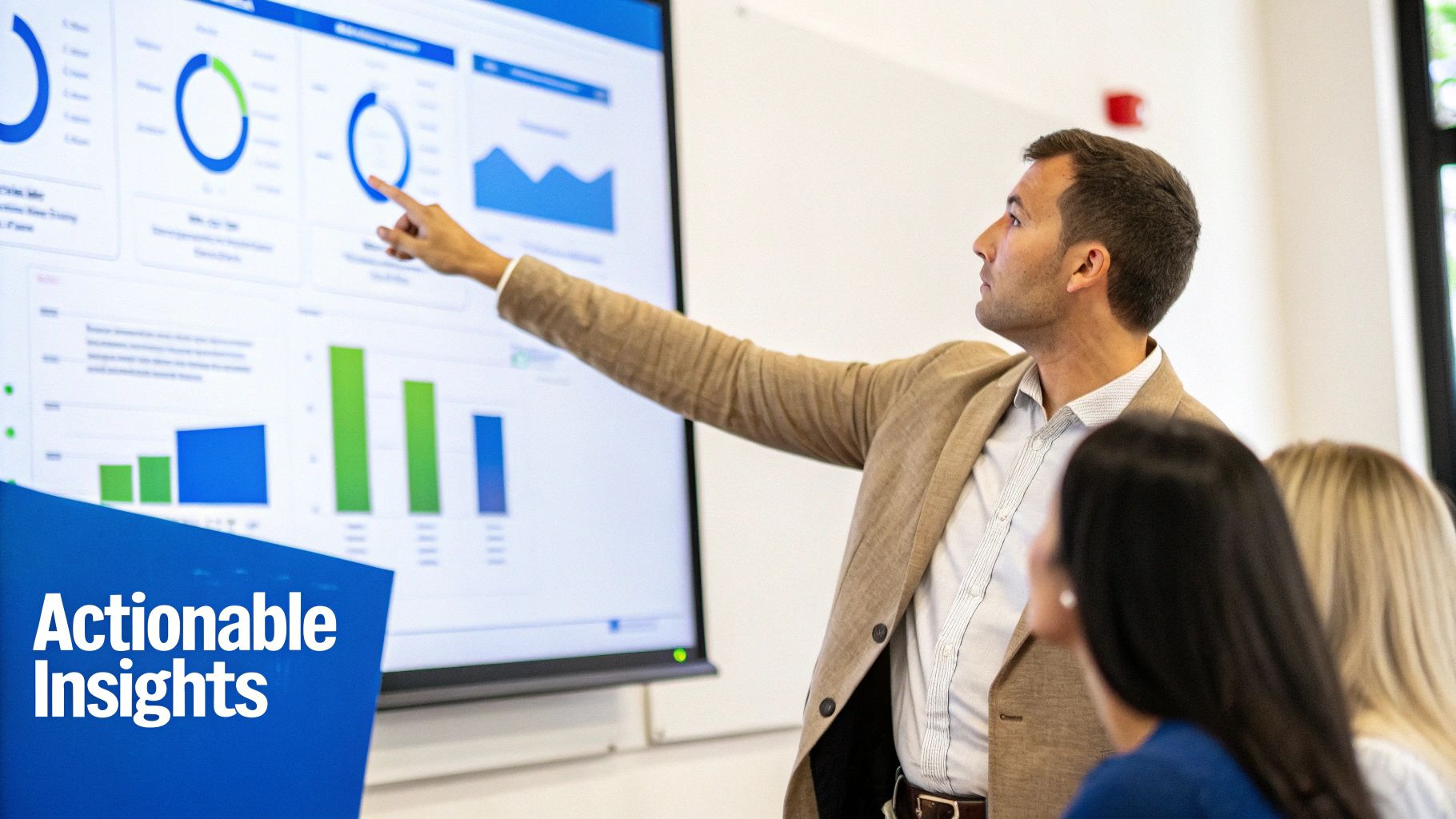 A business professional points to a large screen displaying various data dashboards and actionable insights.