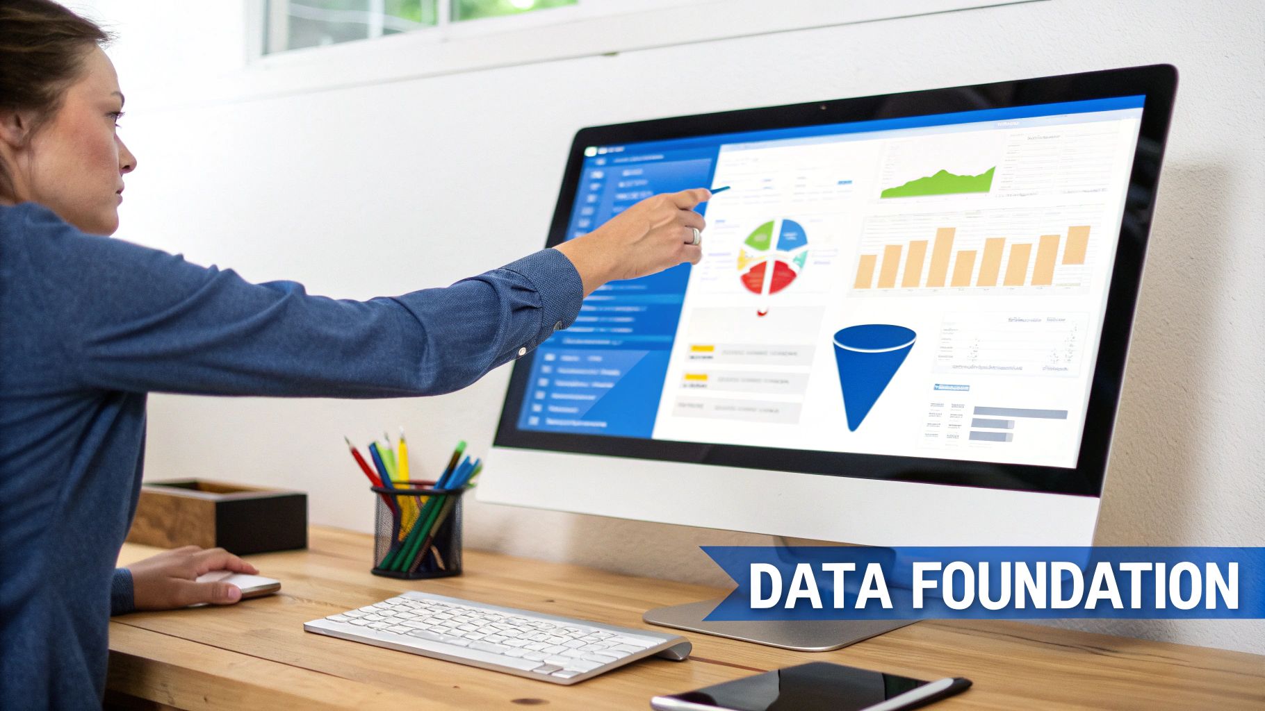 A person points at a desktop computer screen displaying various data charts and graphs.