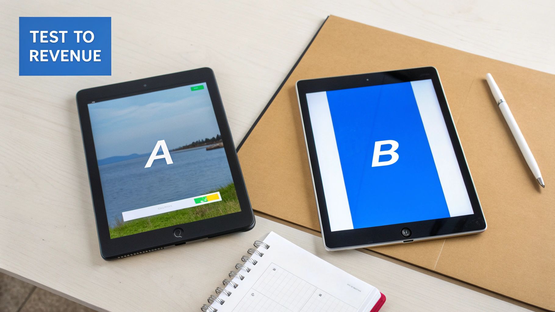 Two tablets display A/B test variations with 'TEST TO REVENUE' banner, symbolizing conversion optimization.