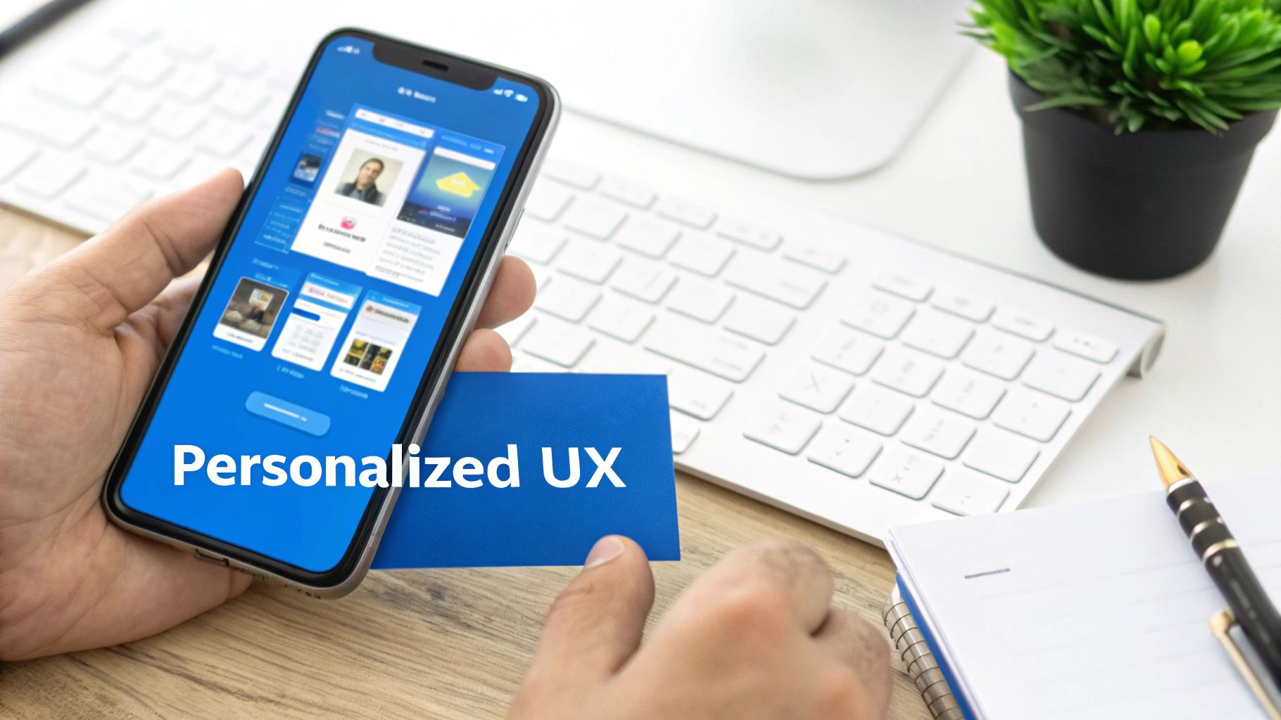A person holds a smartphone displaying a personalized user interface, with a blue card saying 'Personalized UX'.