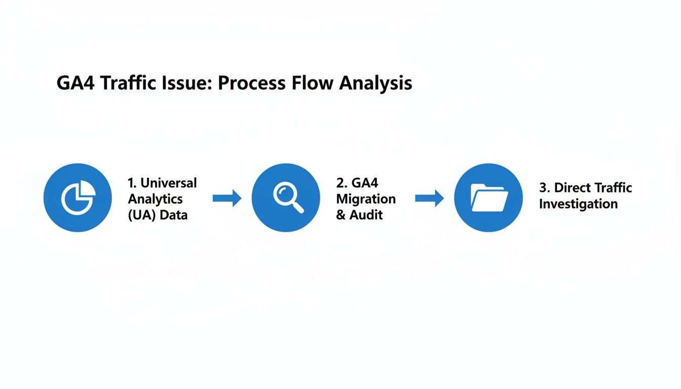 Process flow diagram showing steps to analyze GA4 traffic issues: UA data, GA4 migration, and direct traffic investigation.