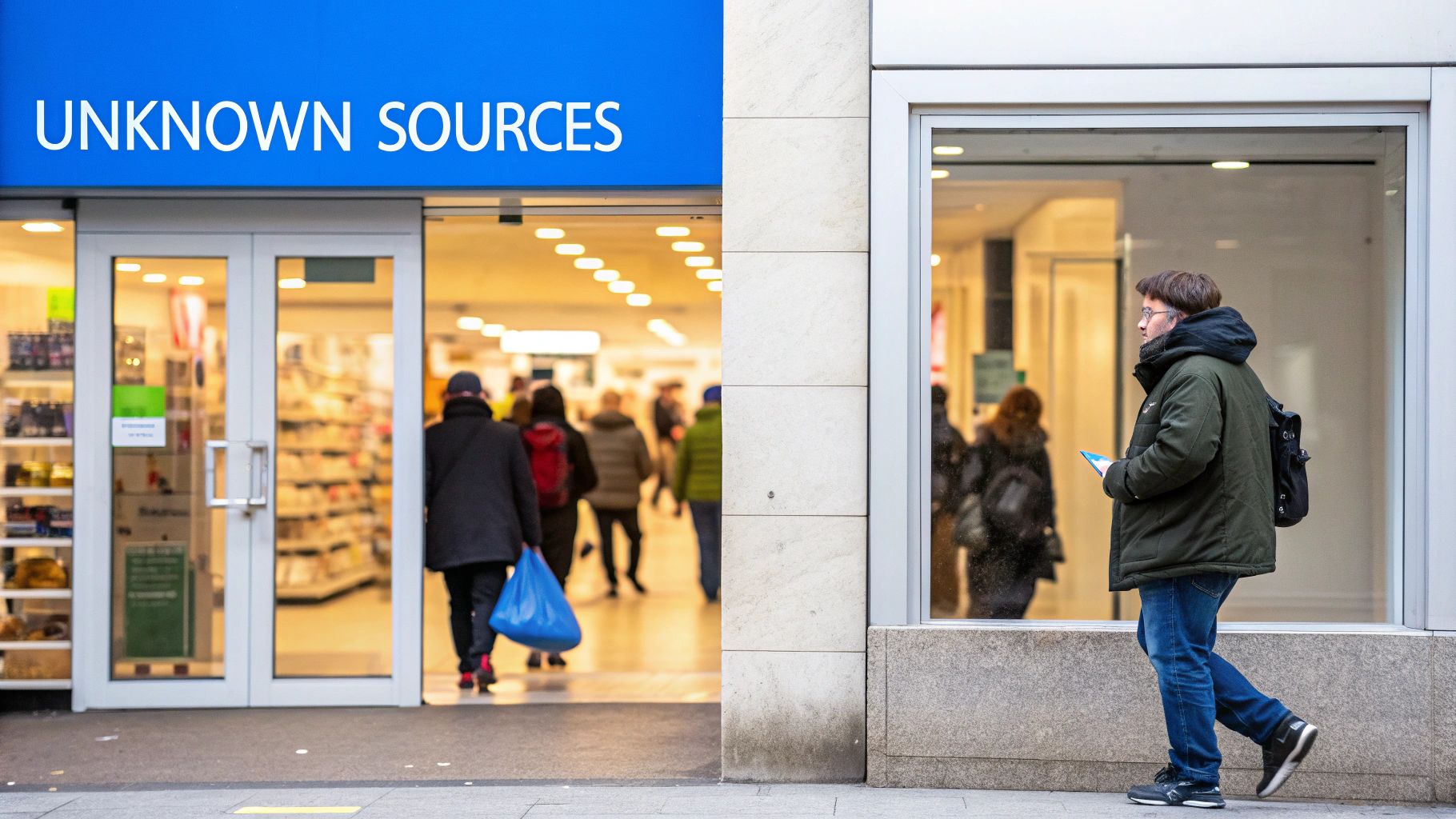 A man walks past a storefront window next to the entrance of an 'UNKNOWN SOURCES' store where people are shopping.