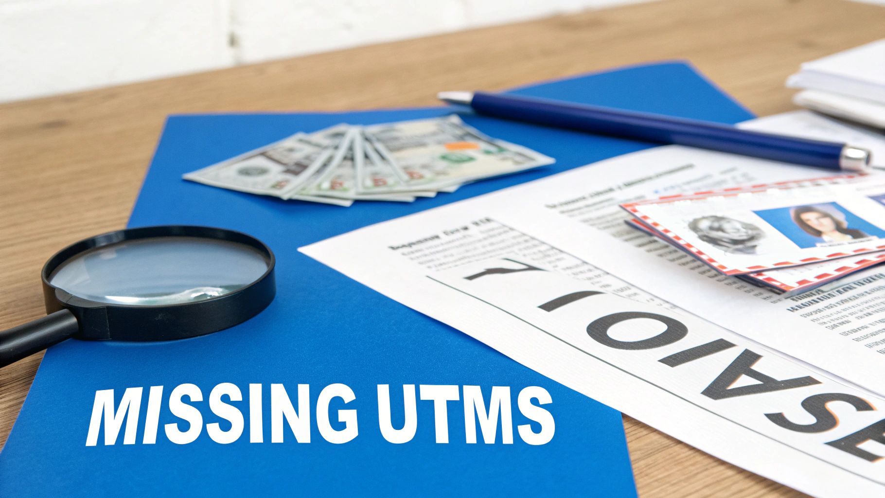 A desk with a blue folder labeled 'MISSING UTMS', a magnifying glass, cash, and papers.